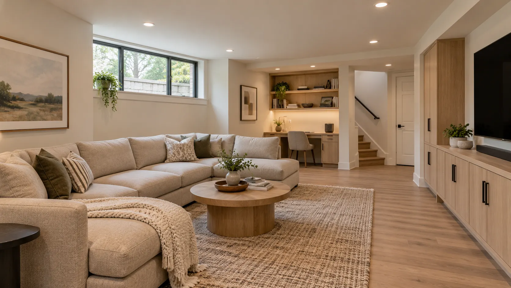 Finished basement living area with seating, recessed lighting and built-in storage
