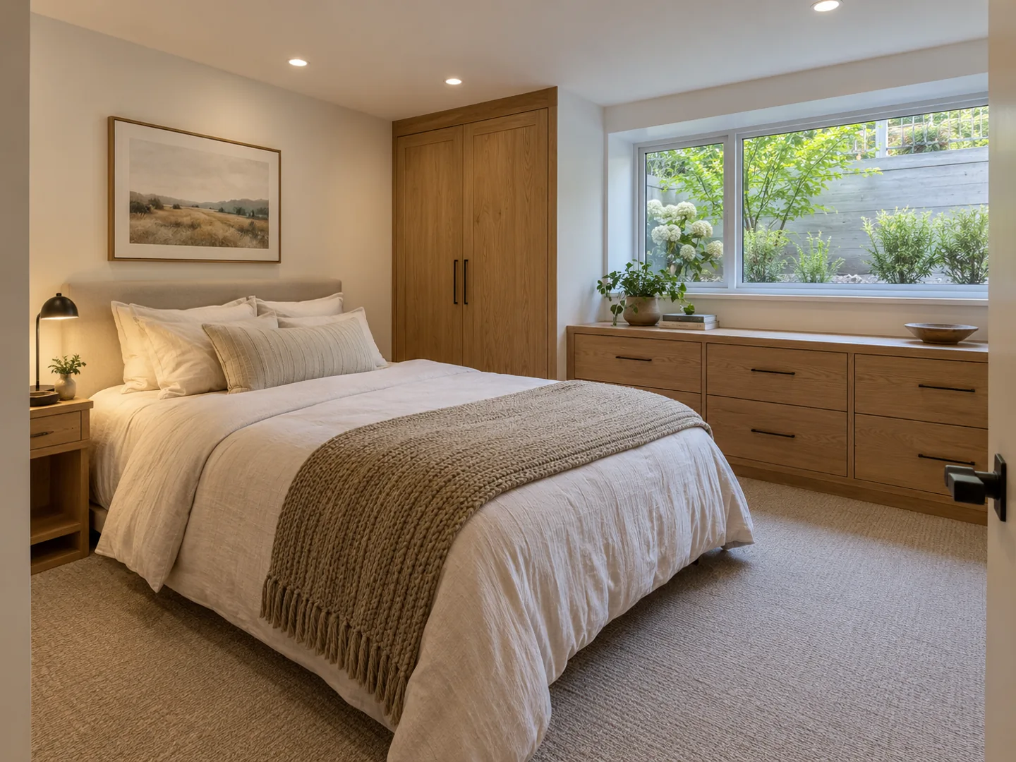 Basement guest bedroom with an oak wardrobe, low storage cabinets and a daylight window