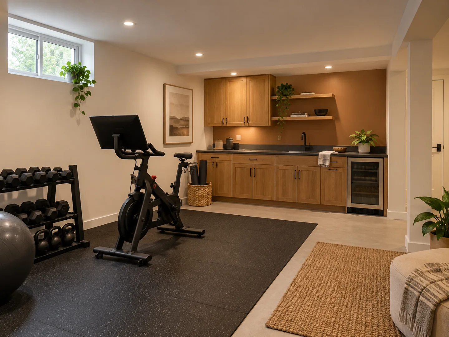 Basement workout area with an exercise bike, weights and an adjoining wet bar