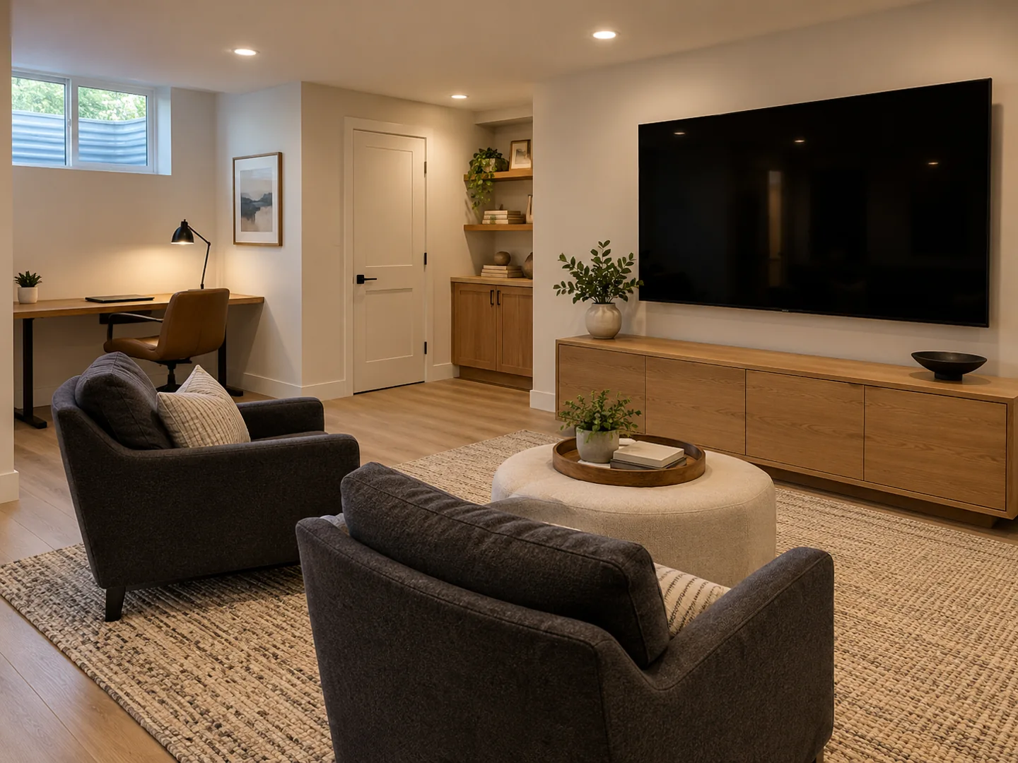 Basement media room with lounge chairs, a television and a desk nook