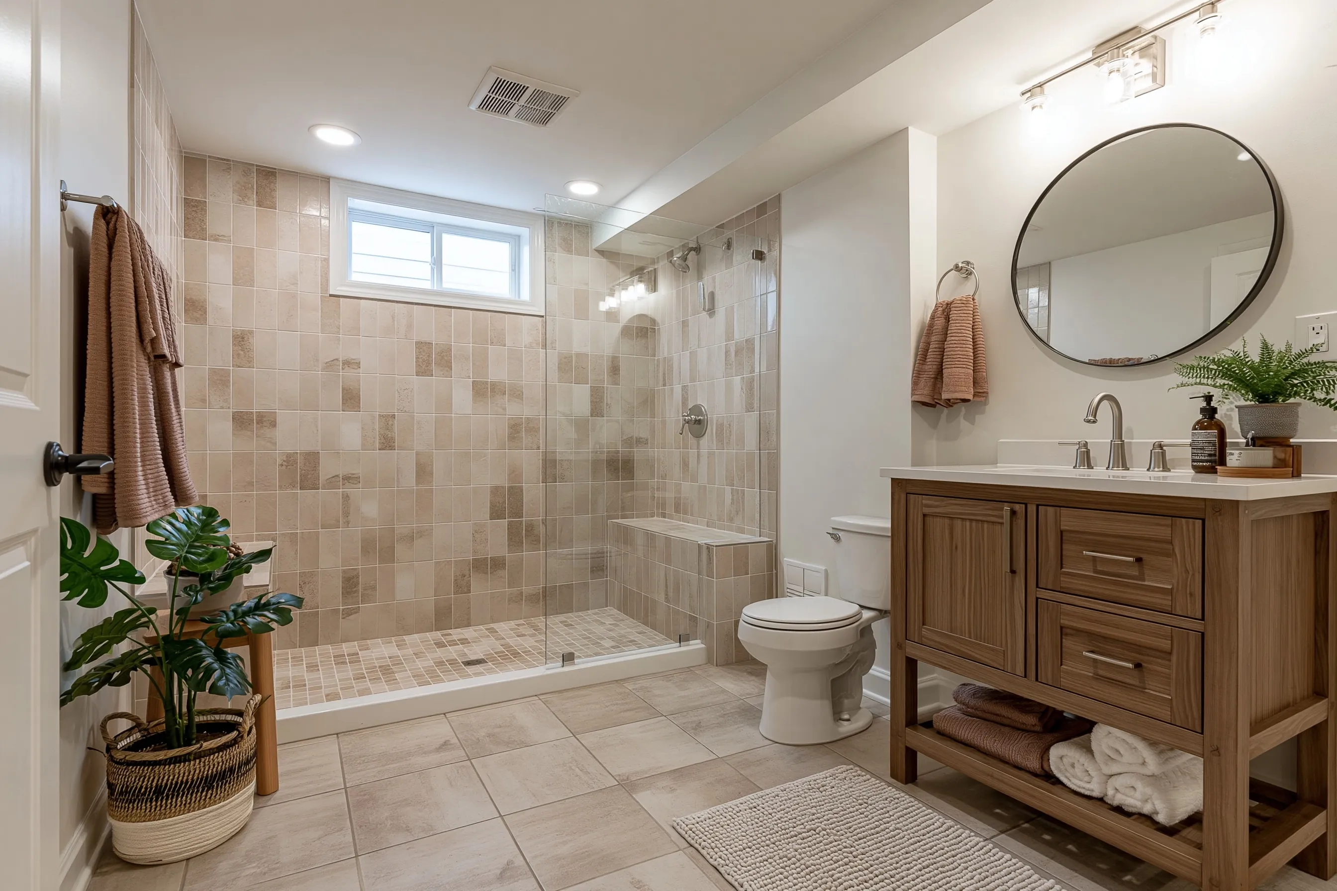 Basement bathroom with a tiled walk-in shower behind glass, a small high window, a toilet and a wood vanity