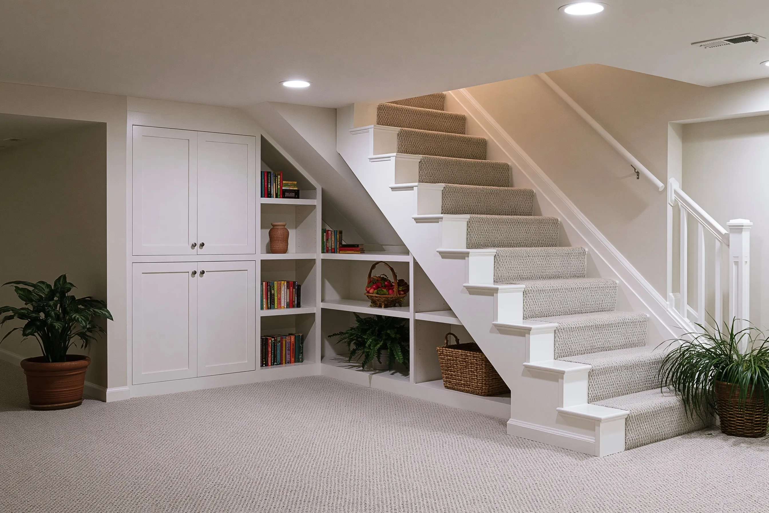 White built-in cupboard and open shelves fitted under a carpeted basement stair